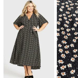 AVENUE Viv Black Daisy Wrap Print Maxi Dress 26/28